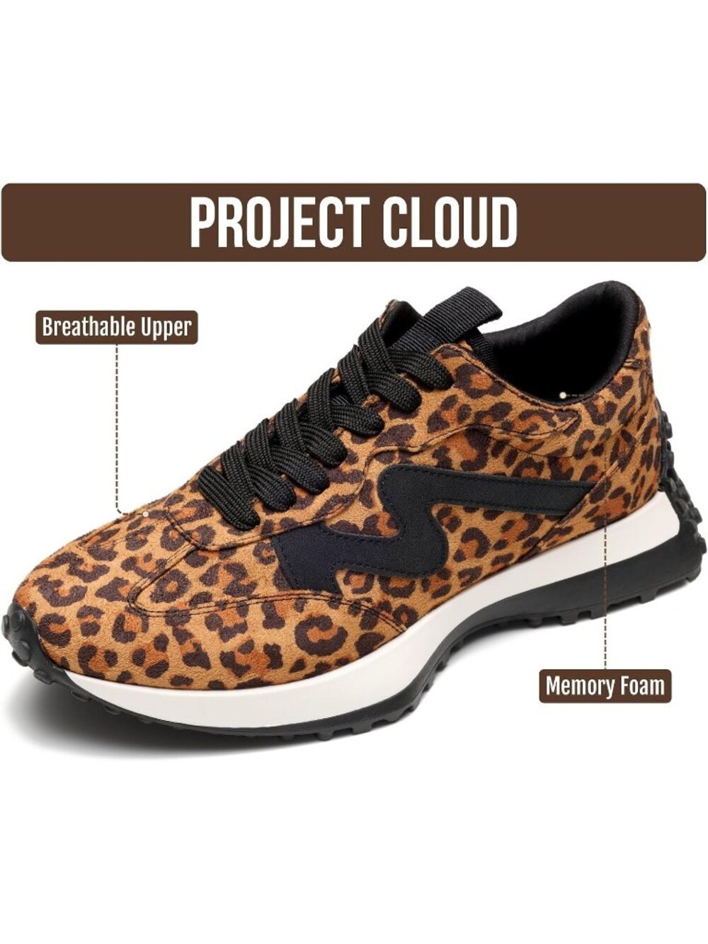 Women's Leopard Lightweight Trendy Lace Up Memory Foam Insole Non-Slip Sneaker - Picture 2 of 6